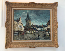 Robert L.P LAVOINE (1916-1999) Huile sur toile "Place Ste Catherine, Honfleur"