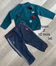 Dpam Z  12 mois bébé Fille : sweat pompons + jean brodé  Bleu Coton TBE