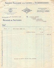 FACTURE  1930 SOCIETE FRANCAISE DES LAMPES A INCANDESCENCE LUXOR A LEVALLOIS