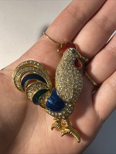 Broche Coq Doré Bleu / Vert / Rouge  Avec Strass Blanc Bijoux Fantaisie