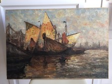 Ecole de l'Est XXème Huile sur toile Barque et voiliers au port Soleil couchant