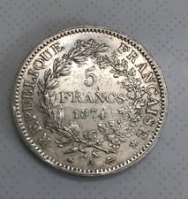 Pièce française en argent de 5 francs datée de 1874 DUPRE