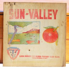 Ancien panneau en bois publicitaire pour les oranges Sun-Valley d'Espagne #1
