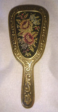 ANCIEN JOLIE MIROIR DE POCHE SAC EN BRONZE TISSUS BRODER 1930-1950 motif fleurs