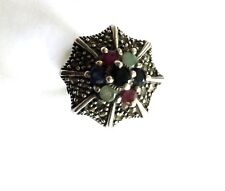 SUPERBE BAGUE *GLORIETTE*/ ARGENT/ EMERAUDE/SAPHIRS/RUBIS NATIFS/ ANNEES 30/40