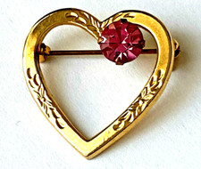 BROCHE vintage Coeur doré strass ROSE 2,5cm