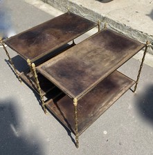 1970′ Paire De Bouts De Canapés à 2 Niveaux Maison Baguès Plateaux Cuir Vintage