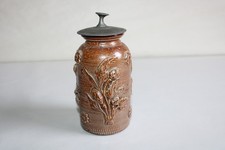 Ancien pot à tabac en grès de Beauvaisis, avec bouchon, décor fleurs, h. 13.5 cm