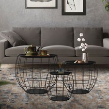 Lot 3x tables d'appoint tables basse de salon aspect osier noir plateau amovible