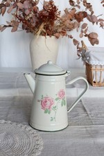 Grande verseuse / théière vintage en tôle émaillée crème - Décor roses anciennes