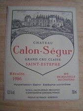 etiquette vin Chateau Calon Segur 1986 original Saint Estèphe wine label