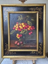 Tableau Peinture Toile Nature Morte Corbeille De Cerises Xix Siècles Signé...