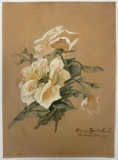 Tableau Ancien Aquarelle Bouquet de Fleurs Roses Jaune Maria LAUTERBACH 1907