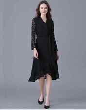 Robe Femme Jupe Longuette Vintage Mousseline Dentelle Noire Élégant Satin 39768