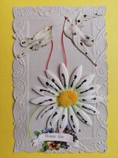 CPA FANTAISIE CHROMO DECOUPIS FLEURS en TISSU TOURNESOL Oiseaux BONNE FETE