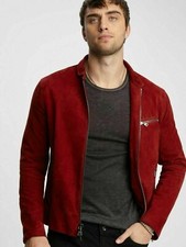 Hommes de Luxe Rouge Daim Véritable Souple Peau Mouton Veste Slim Fit Moto