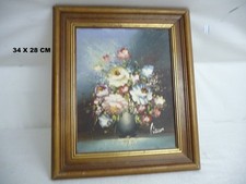 Huile/ou gouache  sur toile fleurs bouquet signé, tableau ancien cadre bois