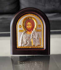 Icône du Christ Jésus 10,23" Argent 950° Religieux Bois Artisanat Christianisme