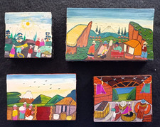 Lot de 4 tableaux naïfs équatoriens, huile sur peau, 3 anonymes et 1 signé