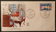 ENVELOPPE FDC 1er JOUR 1959 TRAITÉ DES PYRÉNÉES 50 Fcs DE PIEL & SERVEAU BEHOBIE