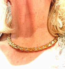 MAGNIFIQUE COLLIER SOUPLE SIX CHAINES PLATES ENTRELACEES ARGENT MASSIF DORE OR