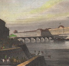 1839 Gravure aquarellée Vue de la Monnaie de Paris Quais Seine