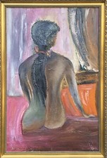 Expressionniste Féminin Nue de Dos Nues Femme Dans Lit Assis Peinture À L'Huile
