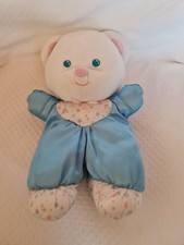 Doudou Peluche Vintage  FISHER PRICE Ours Tissu Bleu Satin Blanc Bon État 