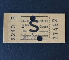 Ancien ticket Paris Métro 1951 2ème classe 77492 Metropolitain 19