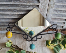 ANCIEN PORTE MANTEAU FER FORGE BOULE BOIS COULEUR ET MIROIR VINTAGE