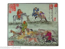 RARE ! peinture  traditionnelle mongole toile, pigments naturels signée, chevaux