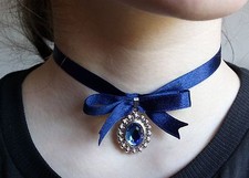 Collier Ras Du Cou ruban bleu + strass