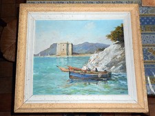 PEINTURE A L HUILE SUR  PANNEAU VUE SUR L ILE DE SAINT HONORAT Signée EFFE