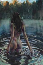 belle jeune fille nue se baignant dans lac 20 x 30  aquarelle, pastel  original