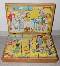 ANCIEN JOUET JEU DE CUBES ENFANTS BOITE EN BOIS M F R G MICKEY PLAGE VETERINAIRE