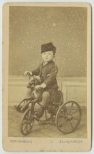 CDV circa 1870 T. Cognacq à La Rochelle. Garçon sur un tricycle. Cheval. Jouet.