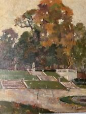 Peinture Huile Sur Toile JF Thevenin Statue Jardin Sculpture Arbre 1920 Art