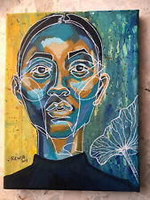 tableau peint huile sur toile PORTRAIT FEMME AFRIQUE figuratif vitrail REWA 2017