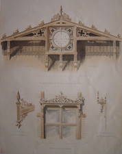 Lithographie Horloge Pignon Lucarne Gare des voyageurs THORN Toruń c1860 Bahnhof