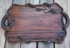 PLATEAU ANCIEN EN BOIS SCULPTÉ DÉCOR DRAGON ET CHAUVE SOURIS INDOCHINE 63X40CM 