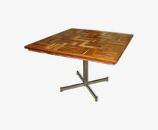 Table carré en Mosaique de bois massif et pied chromé vers 1970