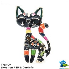 Broche Chat Multicolore sur Métal Doré Bijou Neuf Livraison 48 H à Domicile