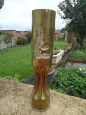 Jolie  douille obus de 37 cm décorée cerf travail artisanal par un poilu