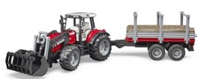 BRUDER, MASSEY FERGUSON 7480 avec chargeur et remorque à Bois, échelle 1/16, ...