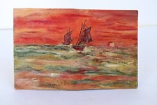 Antique Peinture Eau Couleur Voilier En Soirée Sunlight Chez Rivière Main " 2