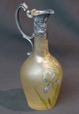 art nouveau superbe aiguière flacon pâte de verre émaillé iris monture étain 21c