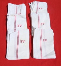 6 torchons anciens neufs lin ou chanvre, style toile de jute liteau rouge