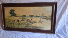 ancien Cadre tableau scène Chasse Étang Chien  Épagneul Breton  Colvert Vintage