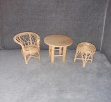 Mini salon en osier Fauteuil Table Tabouret Miniature Poupée Collection