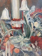 Très Belle Peinture Toile Tableau Ancien 1930 Art Deco Bouquet Fleur Noël